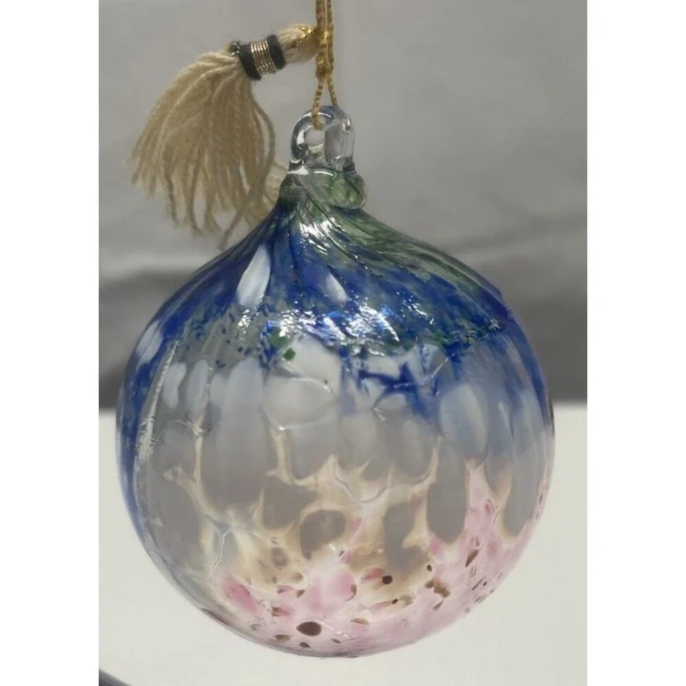 Hand Blown Art Glass Hanging Ball Swirl Patriotic Orb Ornament Sun Catcher NICE!